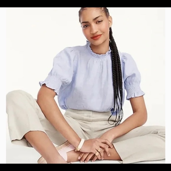 J. Crew Tops - J.Crew Smocked puff-sleeve 100% linen top